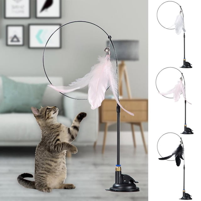 Feltree Interactive Cat Toy Wand with Feathers and Bells, Suction Cup for Hands-Free Play, Multi-Sensory Stimulation for Kittens, Durable and Washable Pet Teaser for Training and Exercise