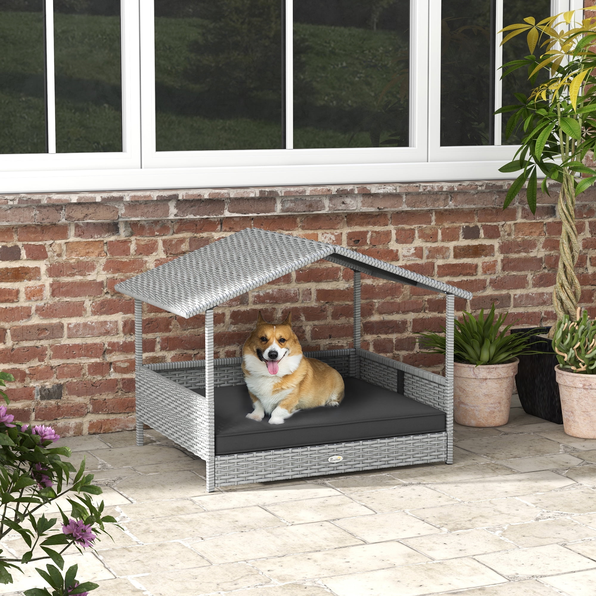 Wicker Dog House Outdoor with Canopy Rattan Dog Bed Water-Resistant Cushion Elevated Pet Shelter for Small to Medium Dogs Gray