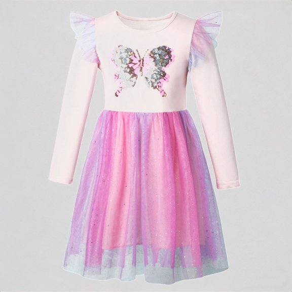 REDARER Girls Butterfly Sequin Dress, Long Sleeve Ruffle Strap Glitter Tulle Princess Dress for Party,5-6Y