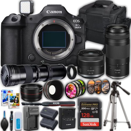 Canon EOS R5 Mark II Mirrorless Camera with Canon RF 24-50mm f/4.5-6.3 IS STM Lens + Canon RF 75-300mm + 420-800mm Super Telephoto Lens + SanDisk Extreme Pro 128 GB Memory Card + Camera Case + More