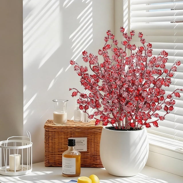BAOPAI Branches de Baies Rouges Artificielles Réalistes de 15,75 Pouces Incassables Durables Festives Polyvalentes pour Décoration de Maison Mariage Noël