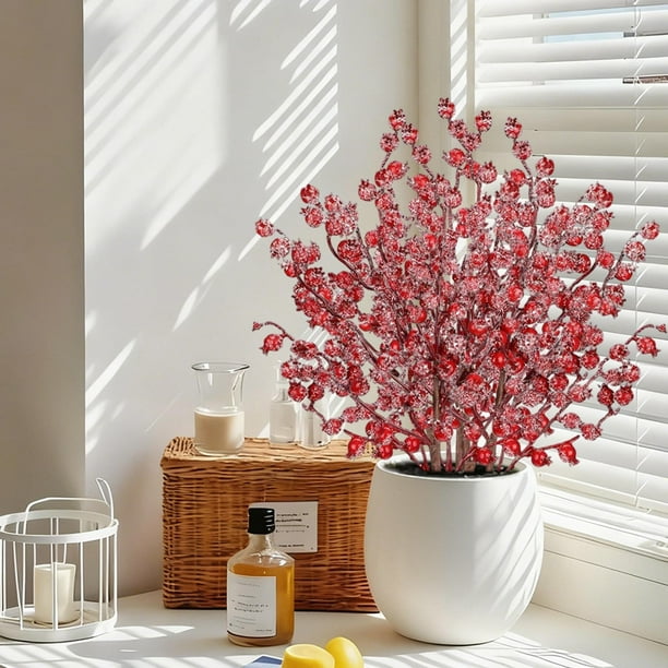 Ramas Artificiales de Frutos Rojos con 4 Tallos Bifurcados de 40 Cm. Decoración Navideña con Imitación de Granada. Arreglo Floral para Centros de Mesa de Boda, Accesorios para El Hogar y Fiestas.
