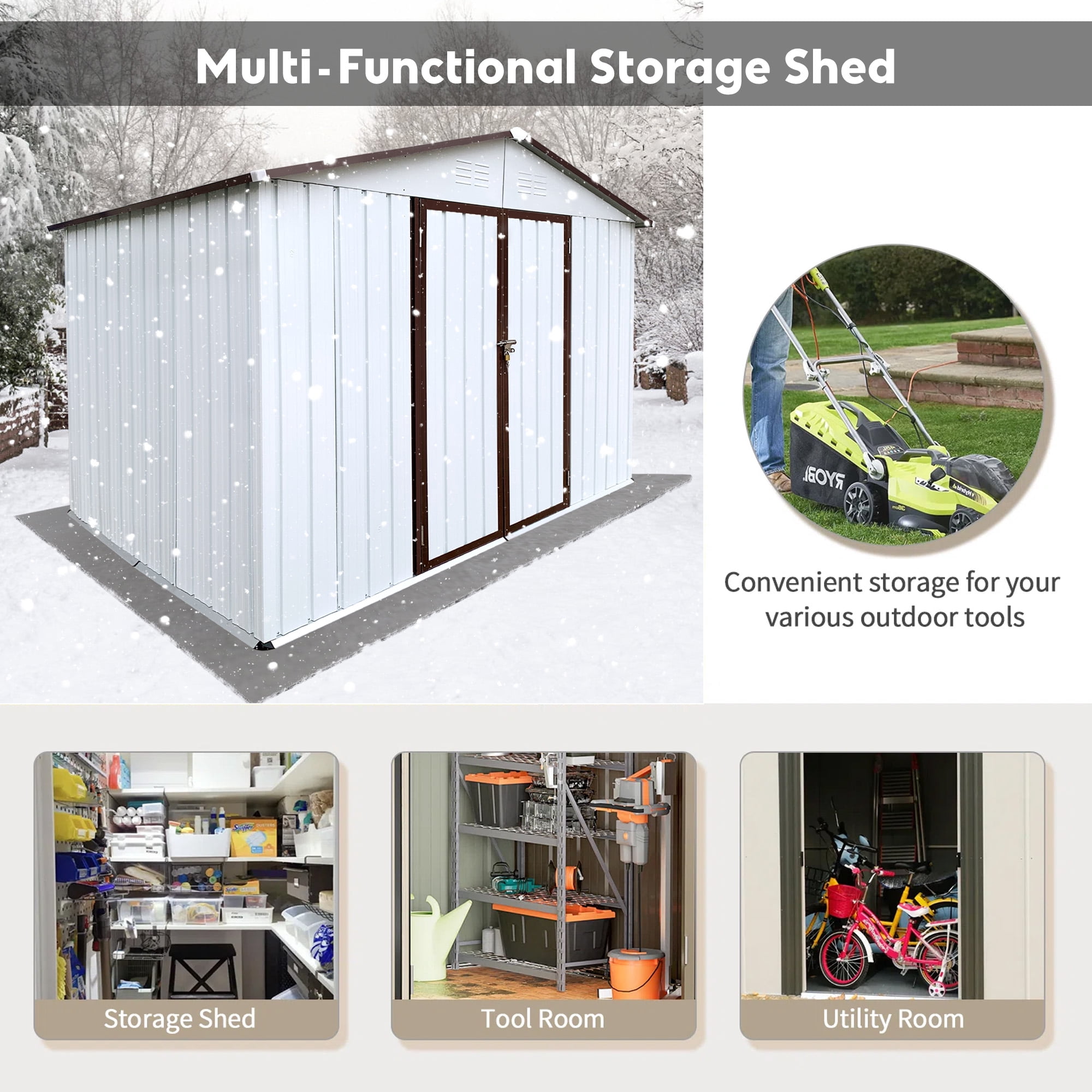 Aukfa 8FT x 6FT Outdoor Storage Shed, Metal Garden Shed with Vents, Tool Shed with Door and Padlock for Backyards, Patio Lawns, White