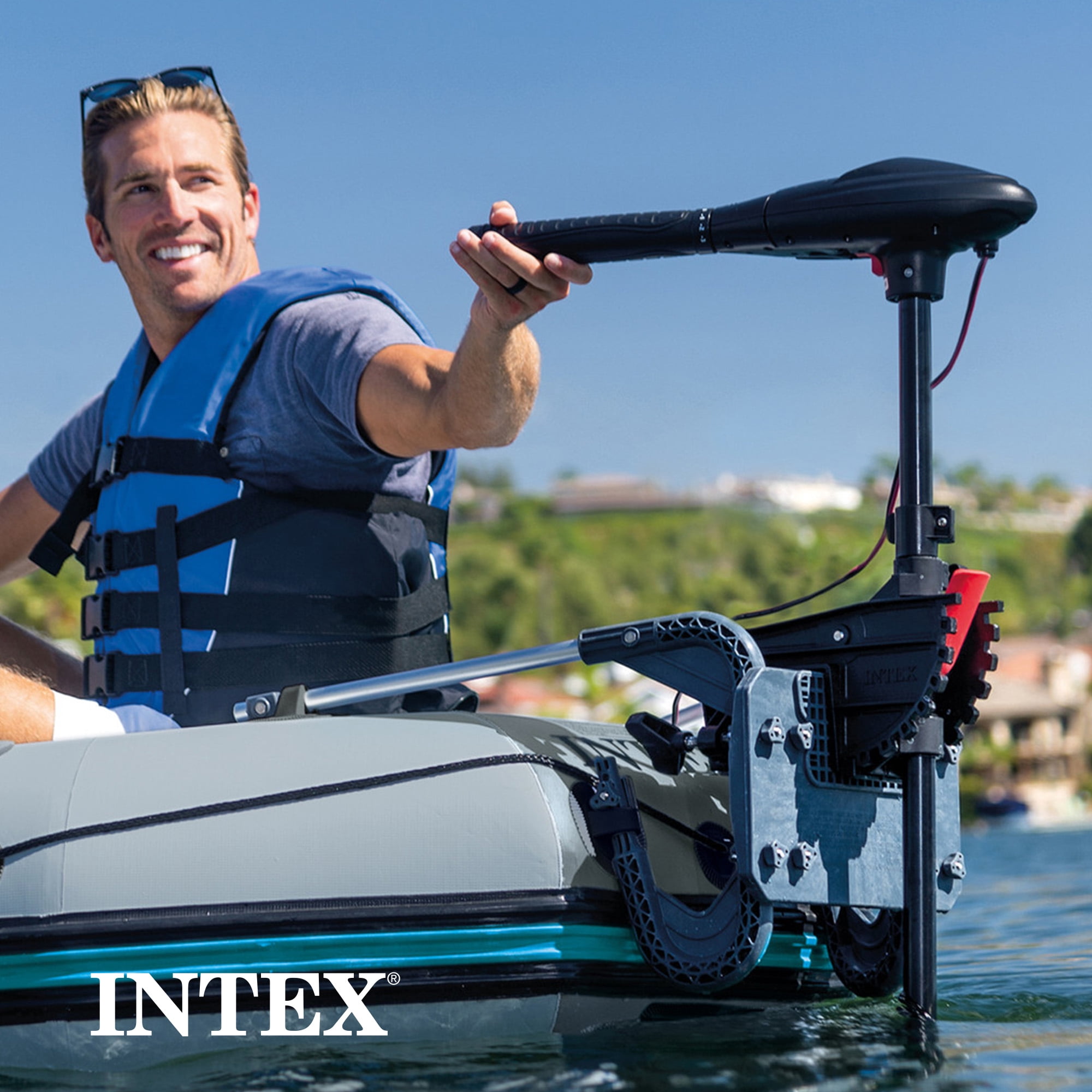 Intex 5 Person Inflatable Boat Set, Trolling Motor, & Boat Motor Mount Kit