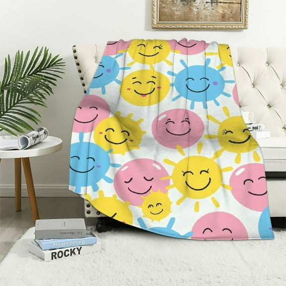 JRXY Kawaii & Smile Face Pattern Flannel Fleece Blanket White