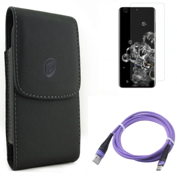 Screen Protector w Case Belt Clip w 6ft USB Cable for Samsung Galaxy S20 Ultra - Tempered Glass [Fingerprint Unlock] 3D Curved Edge, Leather Holster Cover, Purple Type-C Charger fits Galaxy S20 Ultra