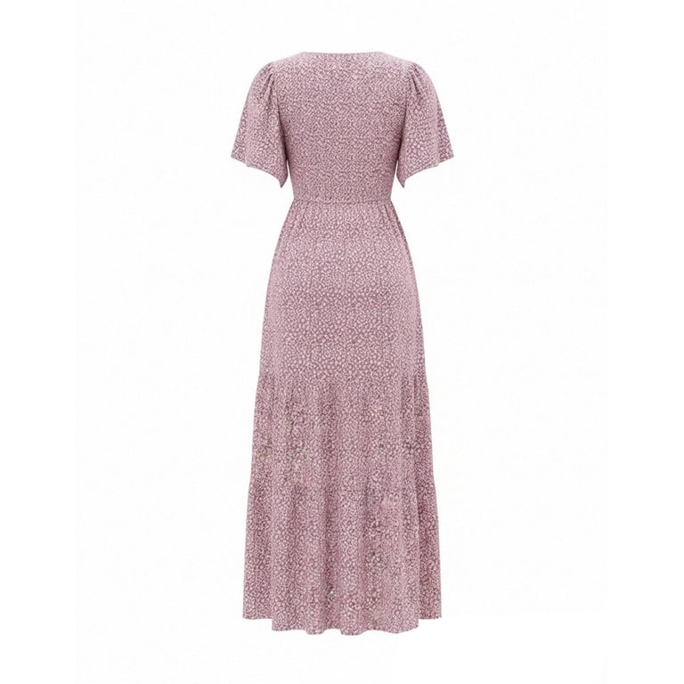Deholifer Women's Dresses Spring Boho Floral Maxi Dresses Casual Short Flutter Sleeve Smocked Flowy Summer Dress Pink 2XL