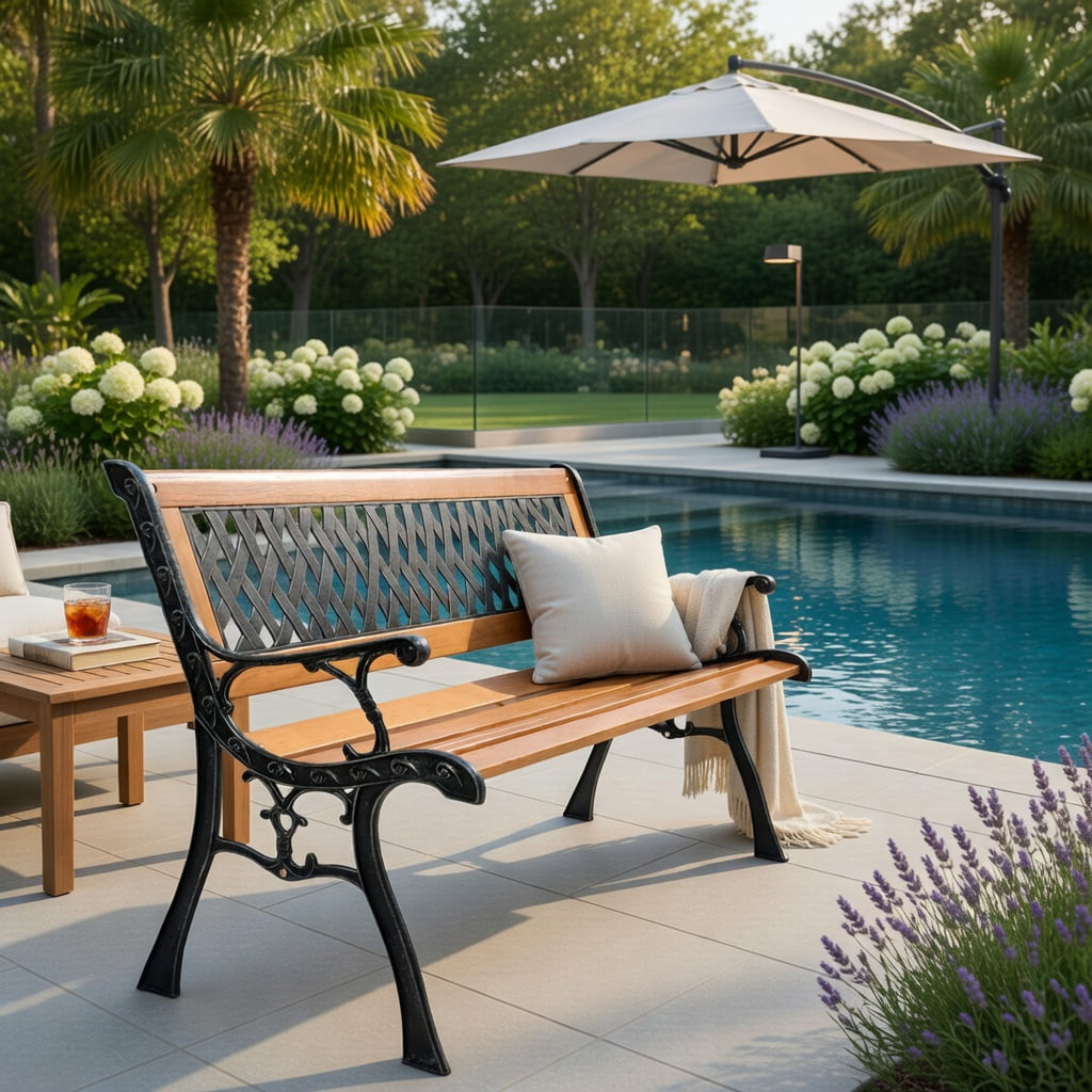 Hommoo Heavy-Duty Cast Iron Outdoor Patio Bench with Solid Wood Seat, Black + Natural