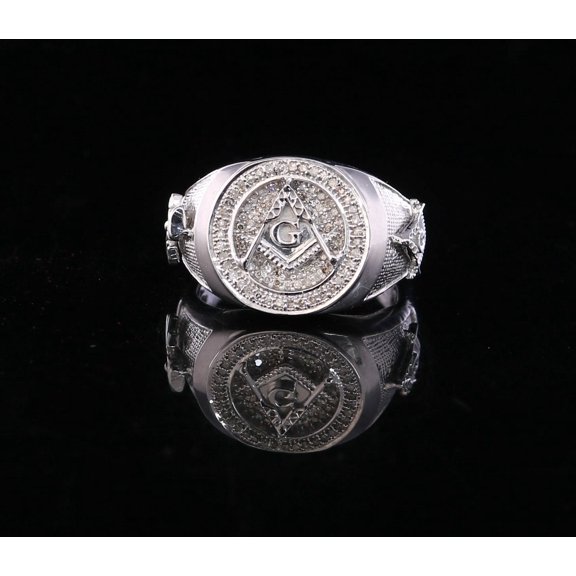 King of Bling's 925 Sterling White Silver Masonic 0.50 CT Real Diamond Men's Big Ring Size 12