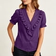 thumbnail image 5 of Cilsoka Women's Ruffle Trim Button Down Shirts Summer V Neck Puff Sleeve Cotton Linen Tops Casual Loose Fit Solid Blouse, 5 of 6