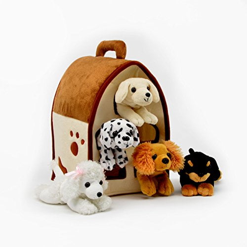 Plush Dog House -Five (5) Stuffed Animal Dogs (Dalmation, Yellow Lab,  Rottweiler, Poodle, Cocker Spaniel) in Play Dog House Carrying House -  