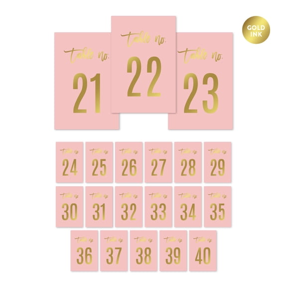 Blush Pink and Metallic Gold Confetti Polka Dots, Table Numbers 21 - 40 on Perforated Paper, Single-Sided, 4 x 6-inch