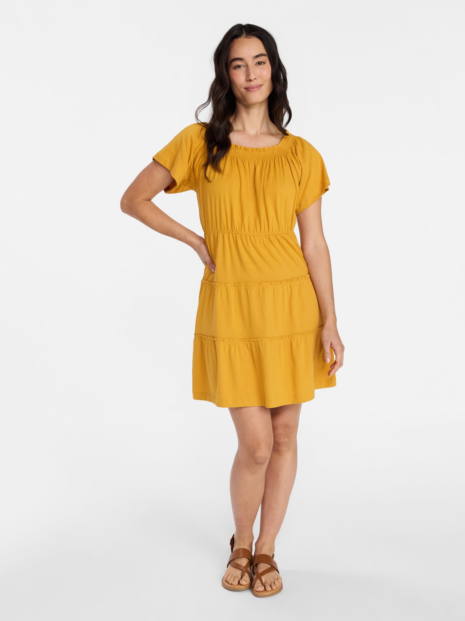 Time and Tru Women's Tiered Cotton Mini Dress with Flutter Sleeves, Sizes XS-XXXL