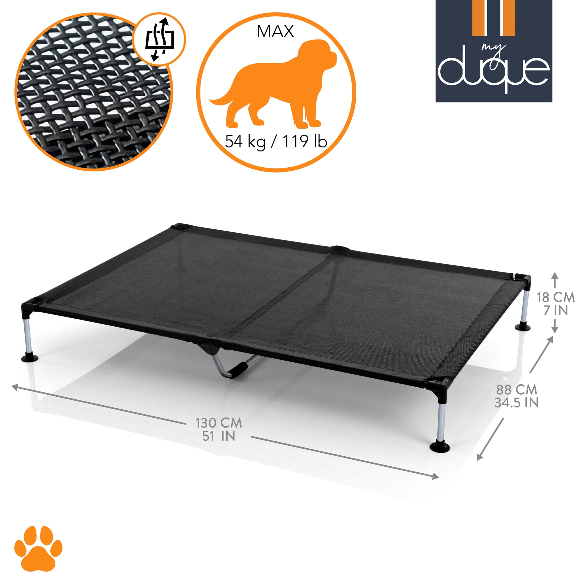 My Duque: COOLA Pet Bed - XLarge - Black, 51 x 34.5" Dog Lounger, Breathable Mesh Fabric, Elevated Structure For Joints, Steel Frame, Animal 119lb Cap