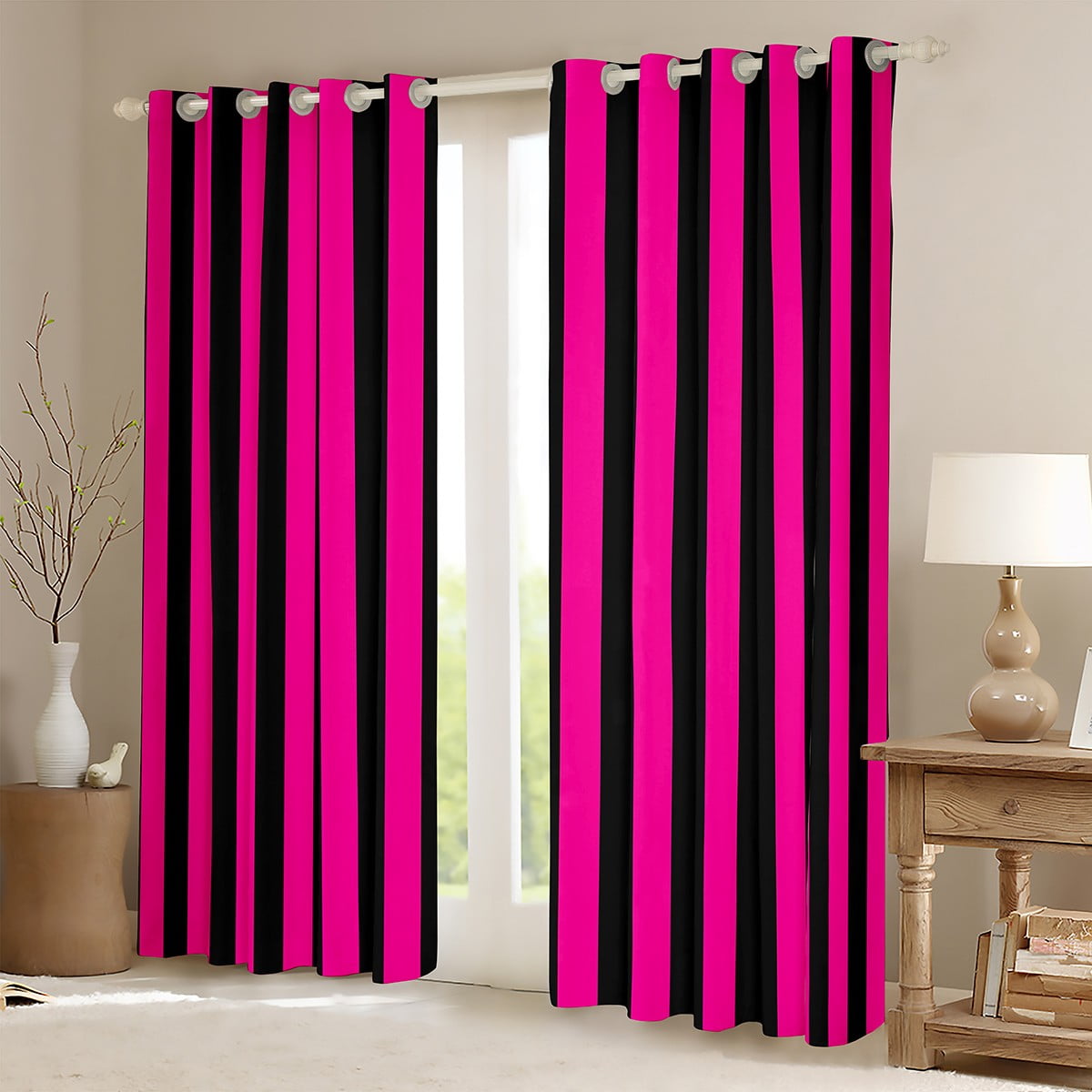 Feelyou Blue Pink Abstract Teens Black Out Curtains, Modern Geometric Lines Curtains Pack of 2 (42x63 Each), Farmhouse Ticking Stripes Bedroom Curtains, Living Room Curtains Decor