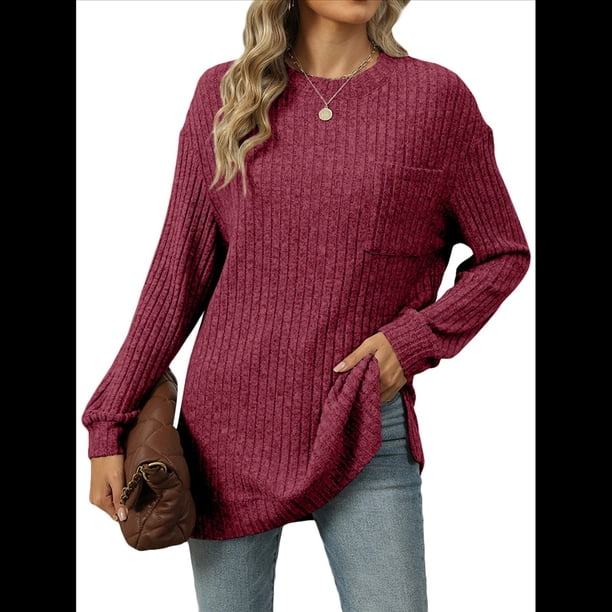Camiseta de Larga con Cuello Redondo, Rayas, Color Liso y Abertura para Mujer, Otoño/Invierno 2025, con Bolsillo en el Pecho Vino Tinto M