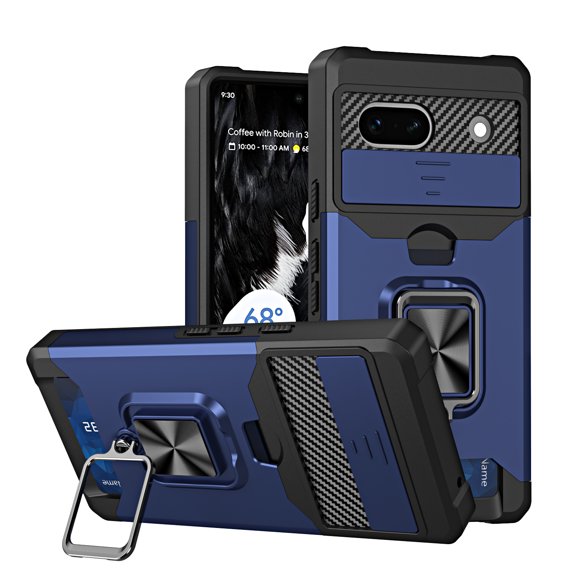 Allytechgroup Rugged Case for Google Pixle 7a, Sliding Camera Lens Protector [Cards Slot] Kickstand Shockproof BumperCompatible with Car Mount Magnetic Back Cover for Google Pixle 7a, Navyblue