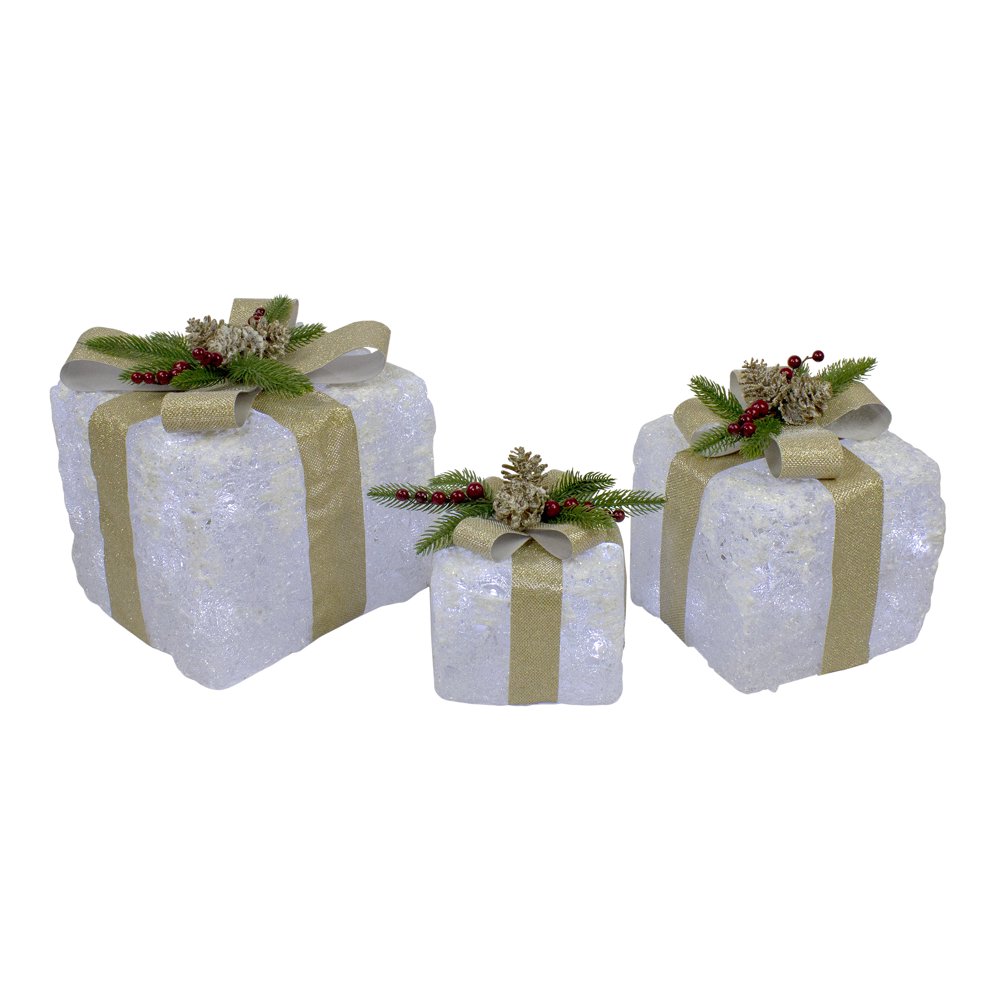 3pc Clear and Gold Super Bright LED Lights Christmas Gift Boxes with Bows 10&quot; - Walmart.com