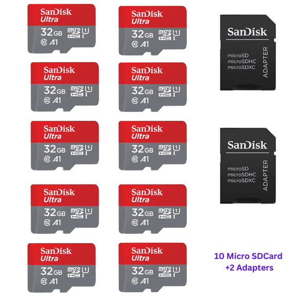 10pack SanDisk – 32GB ULTRA A1 UHS-I microSDHC 120MB/s SDSQUA4-032G-GN6MN & 2 Pcs SanDisk Adapter