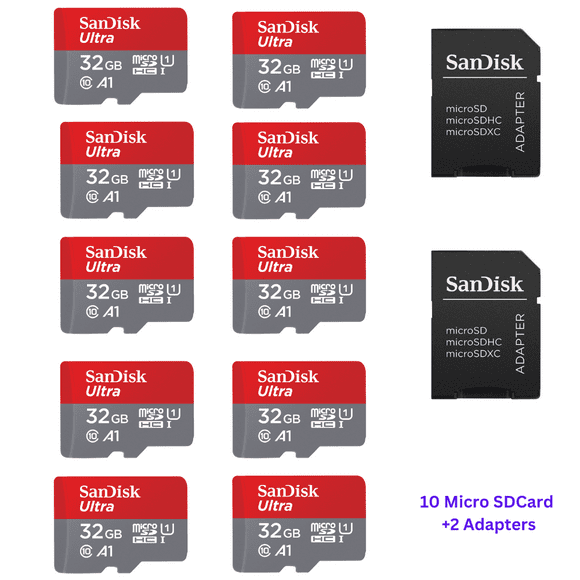 10pack SanDisk – 32GB ULTRA A1 UHS-I microSDHC 120MB/s SDSQUA4-032G-GN6MN & 2 Pcs SanDisk Adapter