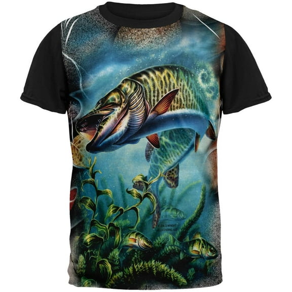 Muskie Fishing All Over Mens Black Back T Shirt Multi LG