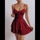 thumbnail image 4 of Vestido Mini de Fiesta Corto con Tirantes Finos y Lazo en la Espalda para Mujer, con Volantes Escalonados, Corte en A, y Ajustado. Vino Tinto S, 4 of 9