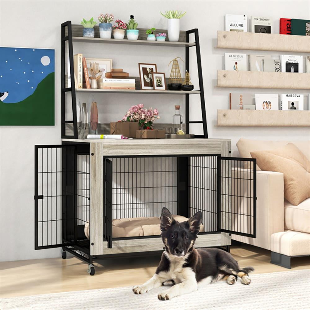 Barara King Dog House,Pet House,Industrial Dog Kennel Dog Crate Furniture with Storage Shelves-Gray