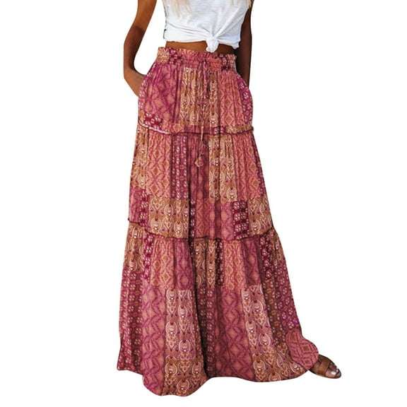 VUPSGEZ Womens Long Boho Flowers High Elastic Waist With Pockets And Belt Maxi Skirt Pleated Skirt Beach Skirt Casual Skirt (Red,XL)