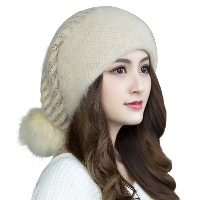 Women\'s White Knit Slouchy Beanie Chunky Baggy Hat with Faux Fur Pompom Fur Pom Pom Fleece Lined Beanie, Pom Pom Hat, Knit Beanie  main image 4