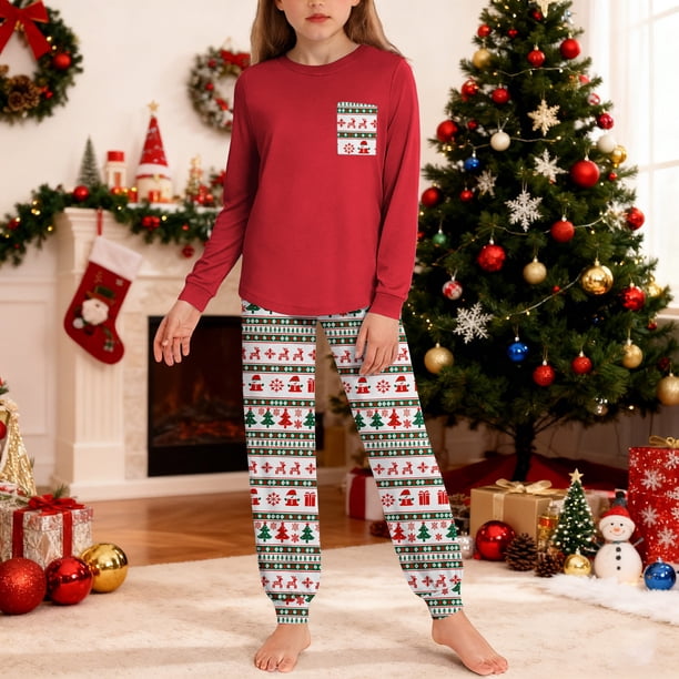Conjuntos de blusa y camisa de manga larga con cuello redondo para niños y niñas de 5 a 14 años con estampado y bolsillo. Conjunto de top y pantalón de manga larga.