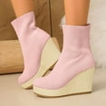 thumbnail image 2 of Platform Wedge Boots for Women Casual Stretch Knit Sock Booties Round Toe Slip on Fall Winter Ankle Boots High Heels Red Size 9, 2 of 5