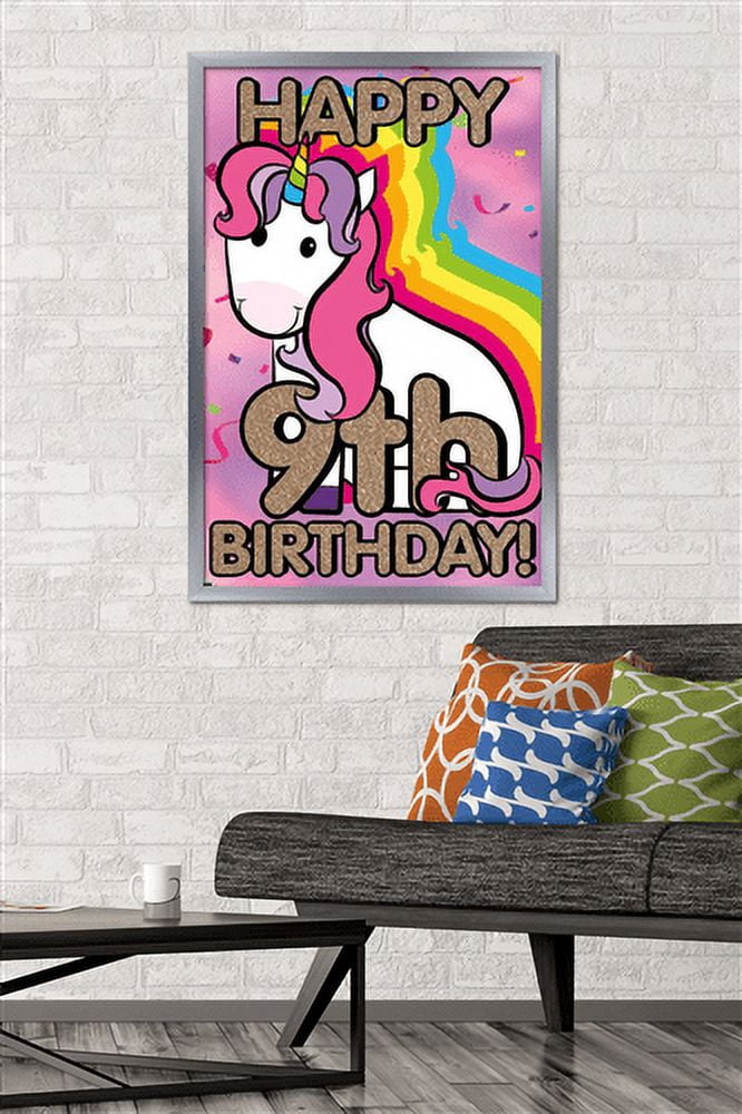 Ellie Ripberger Unicorn - Happy 9th Birthday Wall Poster, 22.375" x 34", Framed