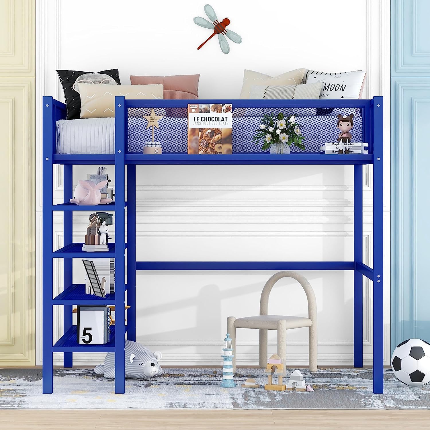 DEALTOPS Twin Size Metal Loft Bed, 4-Tier Shelves, Storage, Blue