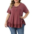 thumbnail image 1 of Agnes Orinda Plus Size T Shirts for Women Henley V Neck Button Up Short Sleeve Ruffled Hem Blouses Tops 2X Burgundy, 1 of 6