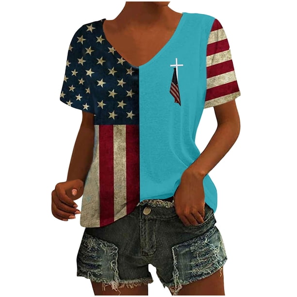 Tops Cortos para las Mujeres Día de la Independencia Patriótica Impreso Cuello en V, Manga Corta Top Casual para Diario, Fiesta Y Todas las Estaciones