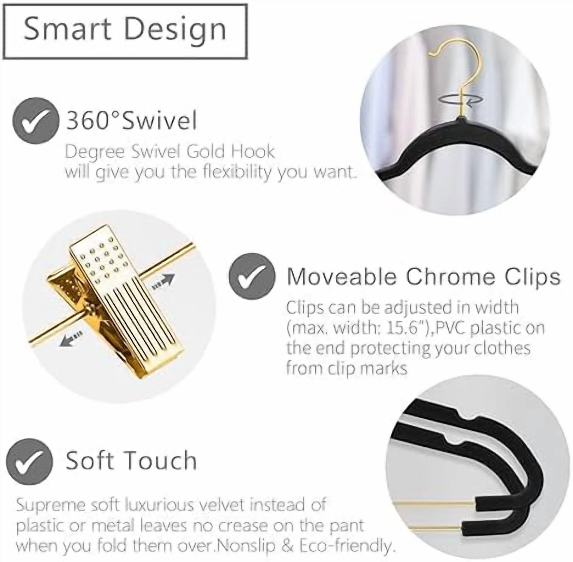 Premium Velvet Pants Hangers with Adjustable Clips (Pack of 20) Slim Skirt Hangers- Non Slip Felt Outfit Dress Hangers Black - Gold Hooks,Space Saving Shirt Clothes Hangers