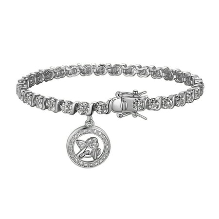 Rhodium Plated Diamond Accent Angel Charm Tennis Bracelet, 7.25"