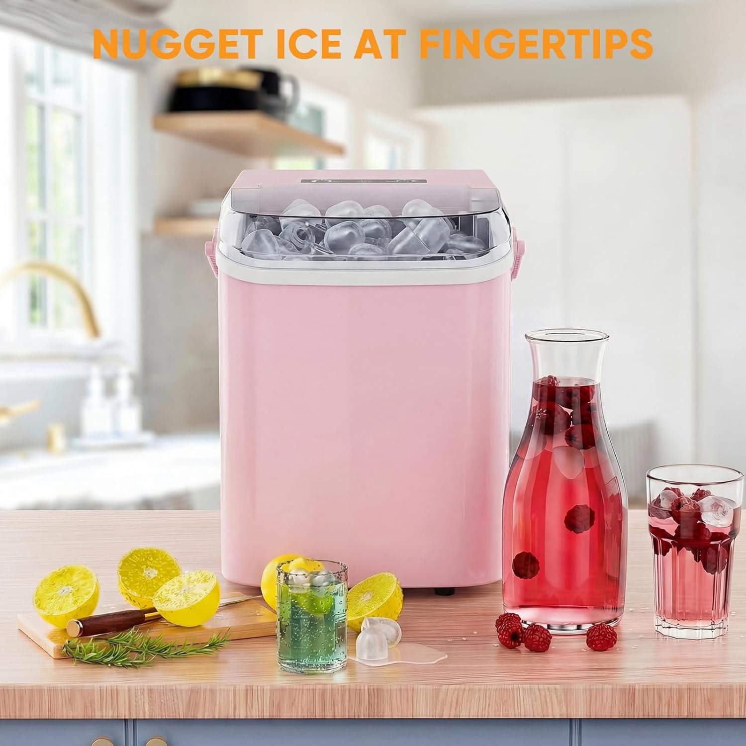 Portable Ice Maker Countertop Machine, Makes 9 Bullet Ice Cubes in 6 Minutes, 26lbs Daily, Auto-Cleaning, with Handle and Basket, for Home Kitchen RV Camping, White