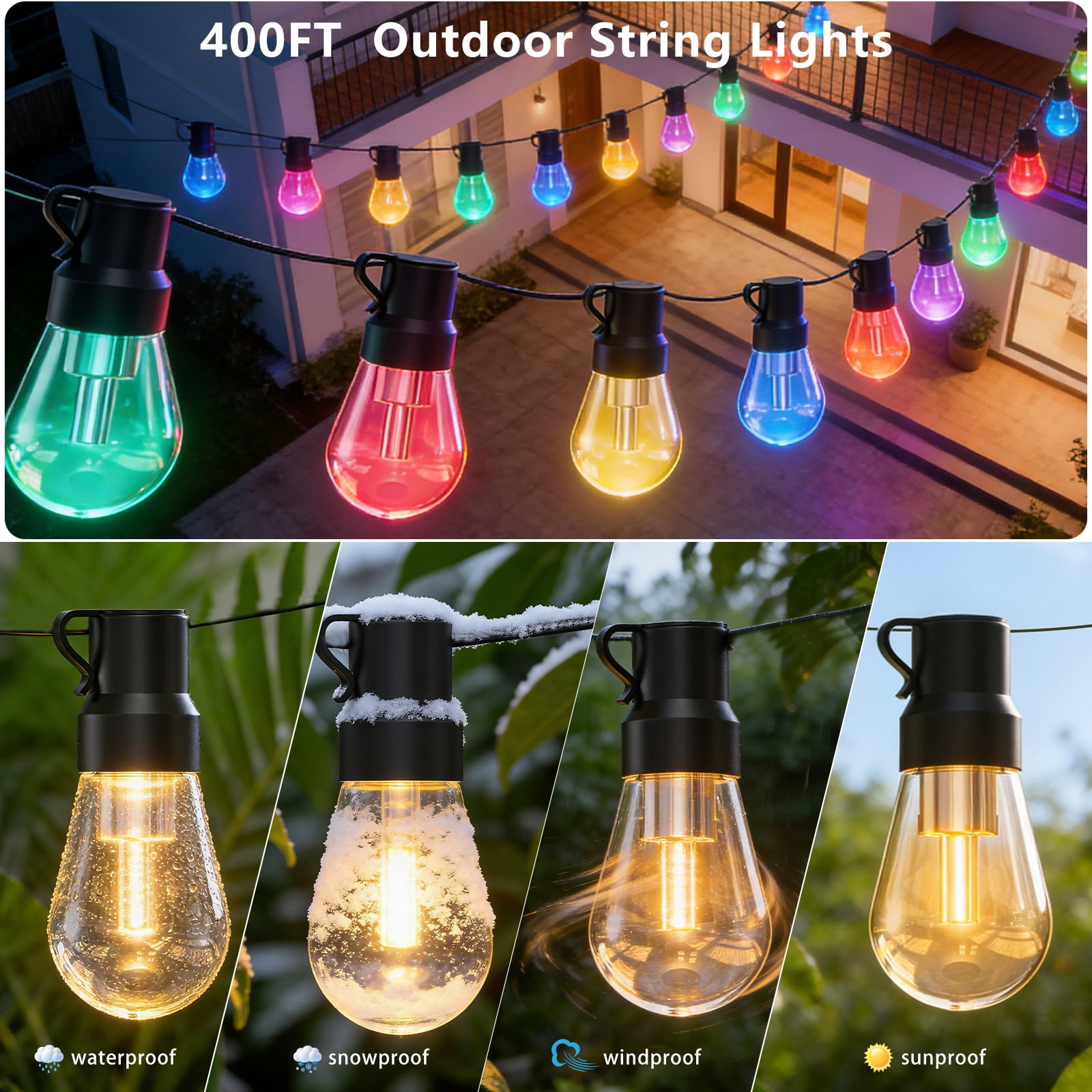 400FT RGB Outdoor String Lights, +IC Outside Light Dimmable Shatterproof LED Bulbs, IP67 Waterproof Chasing Effect Lighting DreamColor Patio Strip Lights for Backyard, Balcony, Outdoor Living