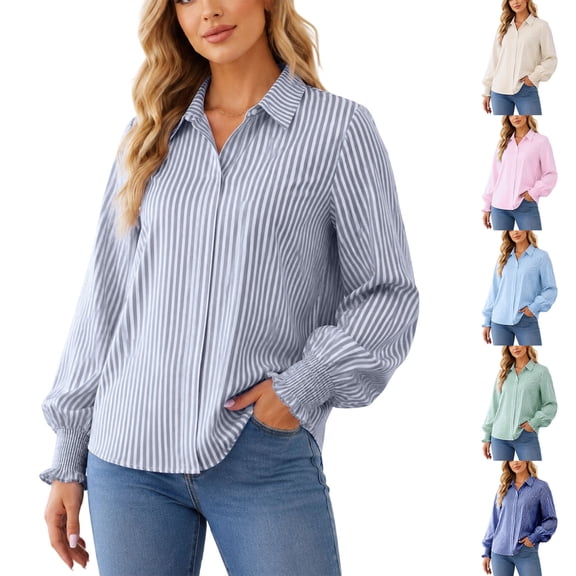 Vynhevius Women's Blouse Collared Striped Long Sleeve Elastic Cuff Loose Fit Button Down Casual Wear Tops