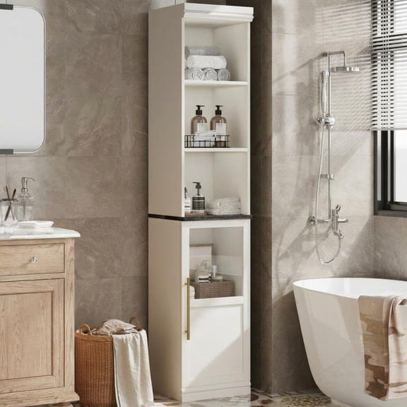 TROPOW 70" Narrow Storage Cabinet，Freestanding Tall Bathroom Cabinet with Glass Door & Open Shelves，for Bathroom & Living Room & Kitchen