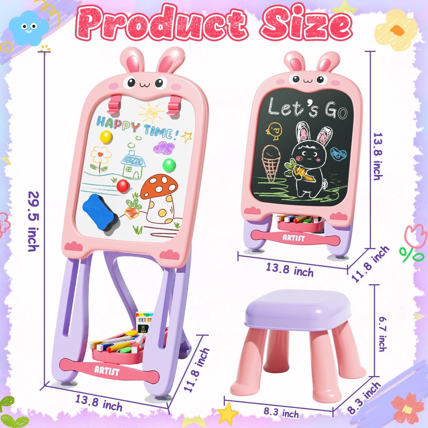 WonderStone 4-in-1 Kids Table and Chairs Adjustable Easel Toy for Ages 2-4, Flippable Sided Magnetic Drawing Board with Storage, Gift for Toddlers