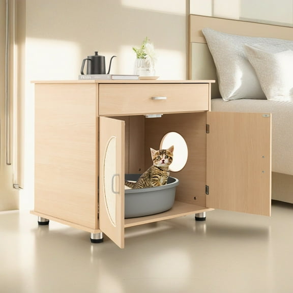 Pefilos 26" Hidden Cat Litter Boxes Enclosure, Cat House Furniture with Sisal Scratching Doors, Suitable for Bedroom, Living Room, Beige
