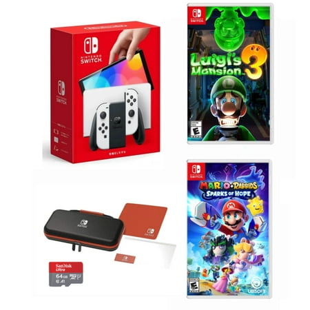 New Nintendo Switch OLED Model White Joy Con 64GB Console HD Screen + Bundle with Luigi's Mansion 3 + Mario Rabbids Spark of Hope + Switch Carrying Case + 64GB MicroSD Card