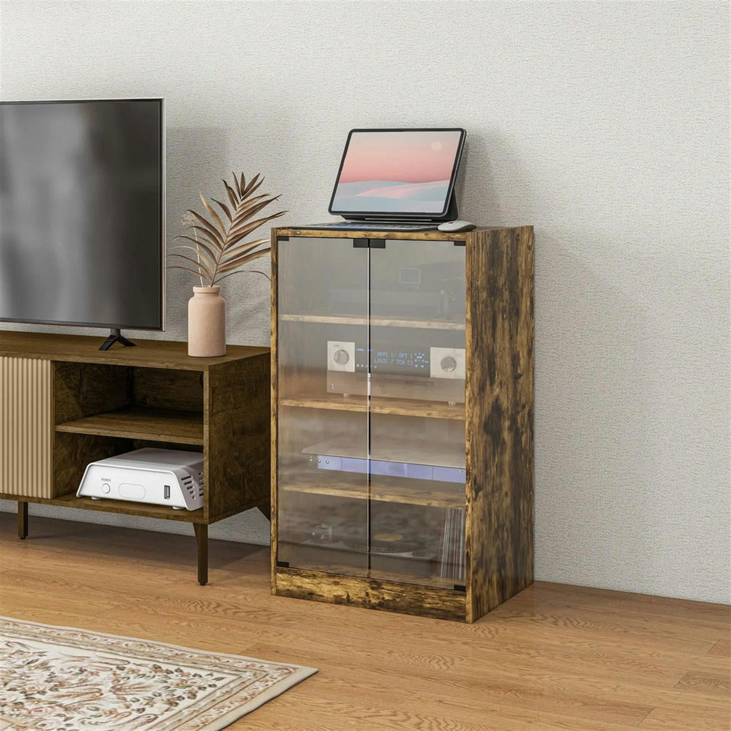 Demi Bonn 5-Tier Media Stand, DVD Storage Cabinet with Adjustable Shelves, Tempered Glass Doors, and Cable Management, Brown