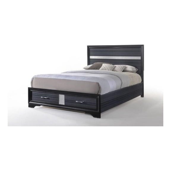 Nae Queen Size Bed, Rubberwood, Gray, Textured, Shimmery Acrylic Trim