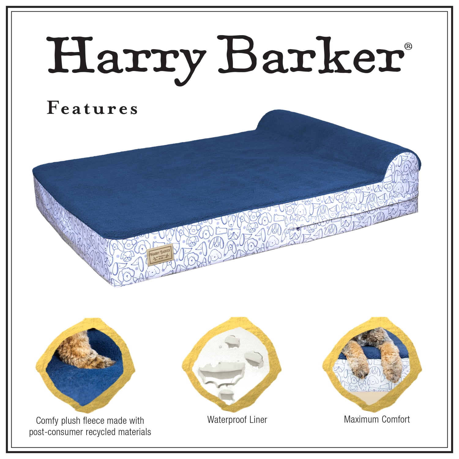 Harry Barker Premium Waterproof Orthopedic Pet Bed, 11 Inches Thick, Blue, Jumbo