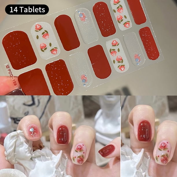 Pegatinas de envoltura de uñas de Gel semicurado, adhesivo florístico de colores puros, cubierta completa, pegatina impermeable de colores sólidos, manicura DIY, 14 puntas