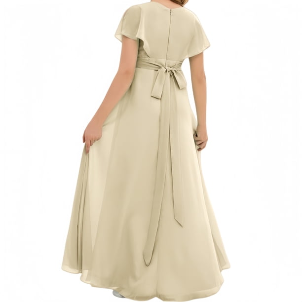 champagne junior bridesmaid dresses Chiffon Dress for Girls V-Neck Flower Girl Dress Formal -Champagne-14Y Kaftans Are the Comfy
