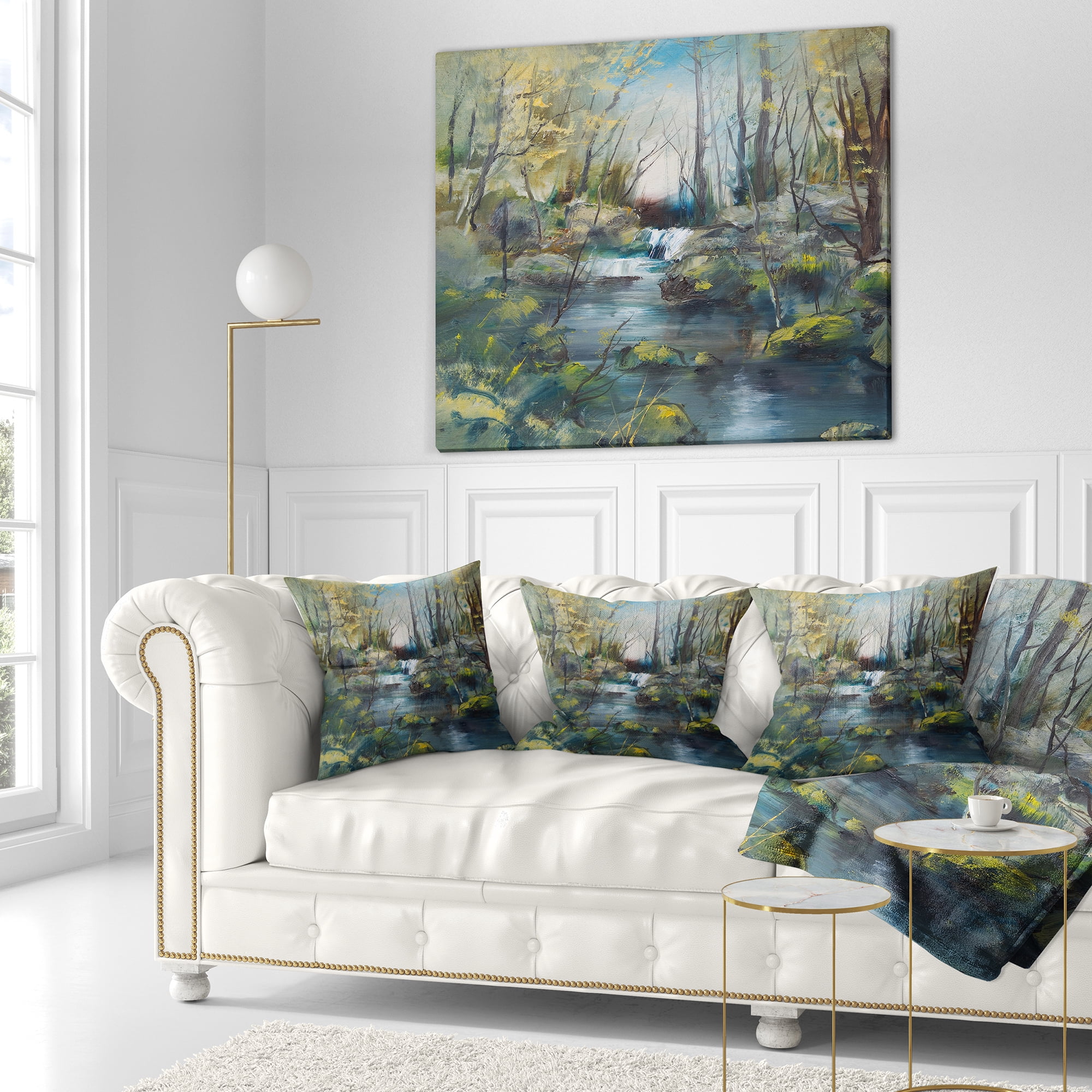 Designart Brook and Rocks Oil Painting - Landscape Painting Throw Pillow - 18x18